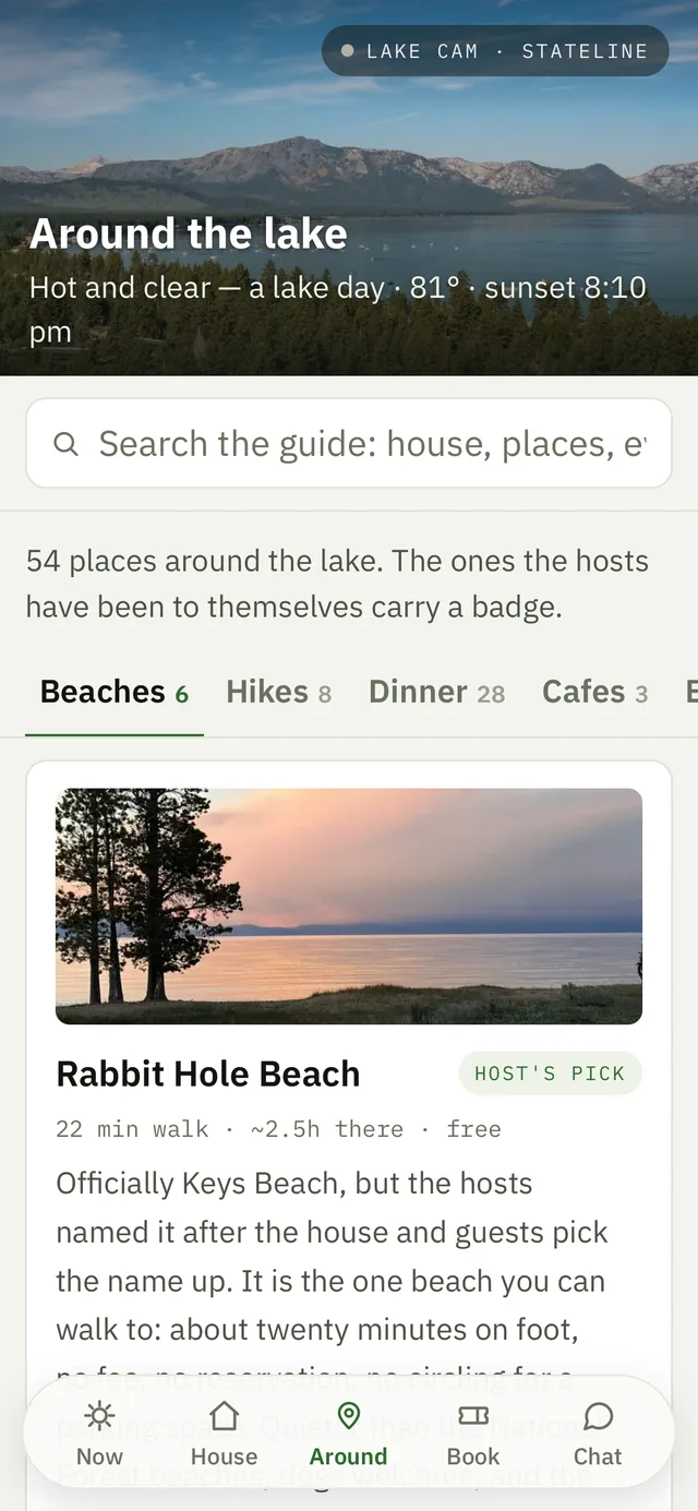 The Around tab: place cards with drive times and directions, on a phone