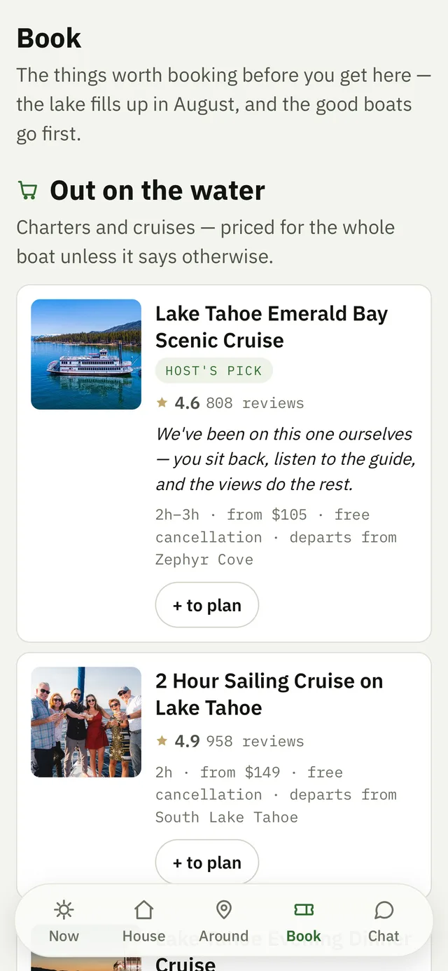 The Book tab: shelves of tours and rentals, the hosts' pick first, on a phone