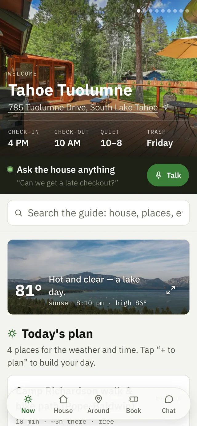 The Now tab: the weather verdict, today's plan and the live lake cam, on a phone