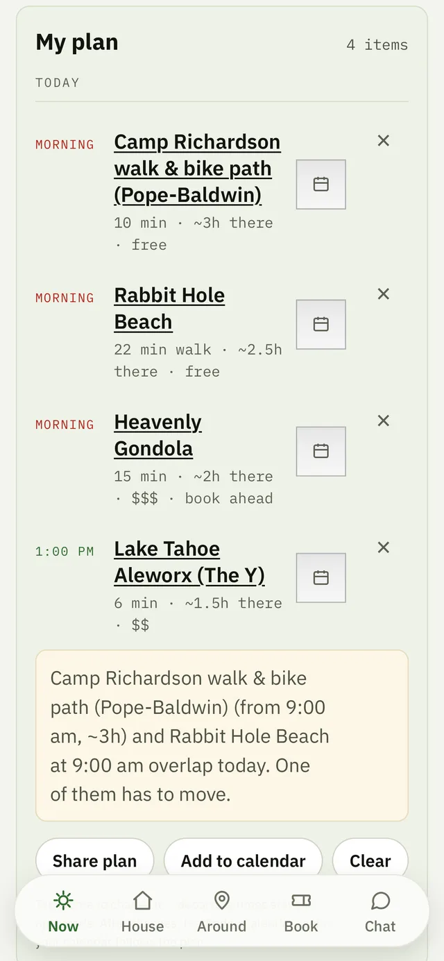 My plan on a phone: the day's rows, editable times, Share and Add to calendar