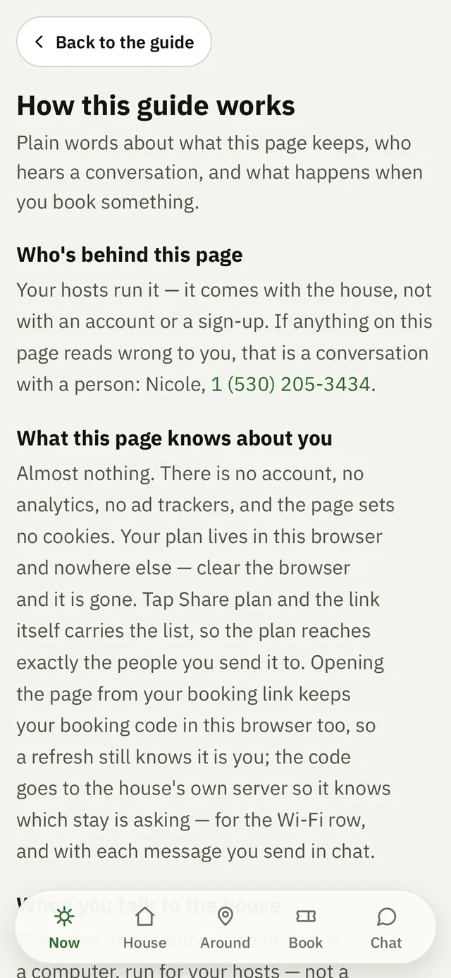 The policy page: how the guide works, in plain words, on a phone