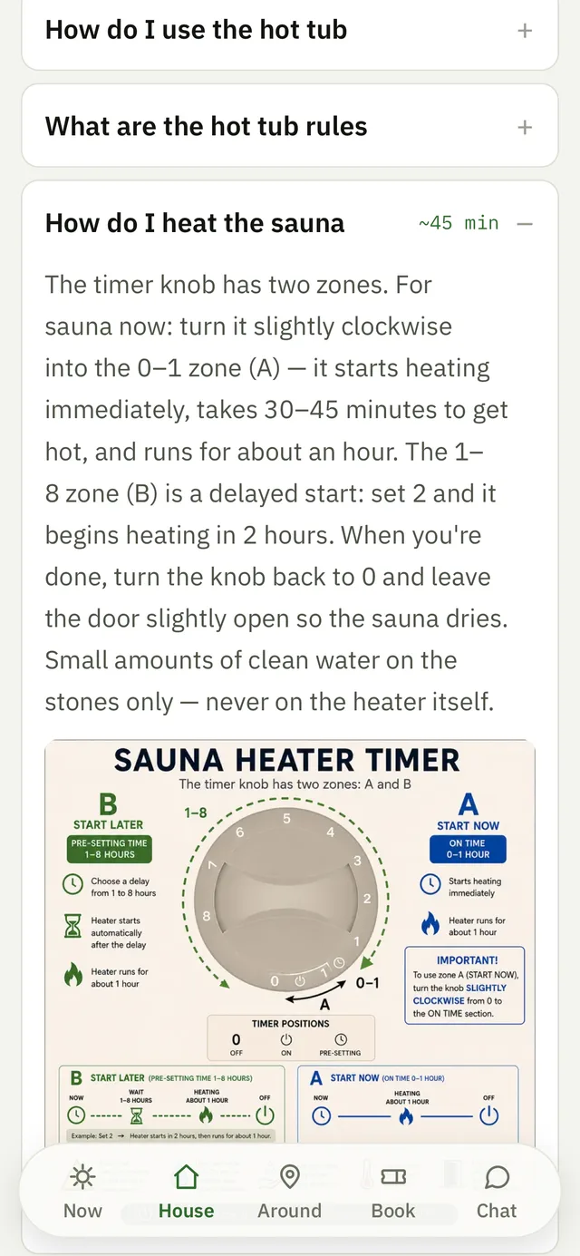 The House tab opened on the sauna instruction, on a phone